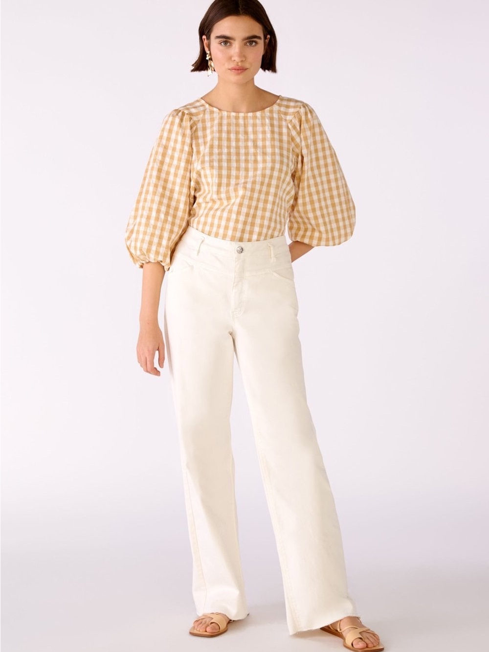 Oui TAN Gingham Puff-Sleeve Top - Picture 3 of 8